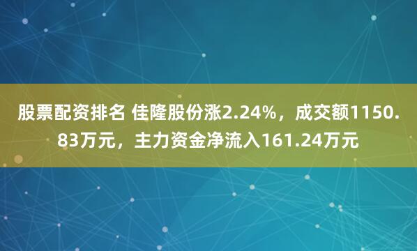 股票配资排名 佳隆股份涨2.24%，成交额1150.83万元，主力资金净流入161.24万元